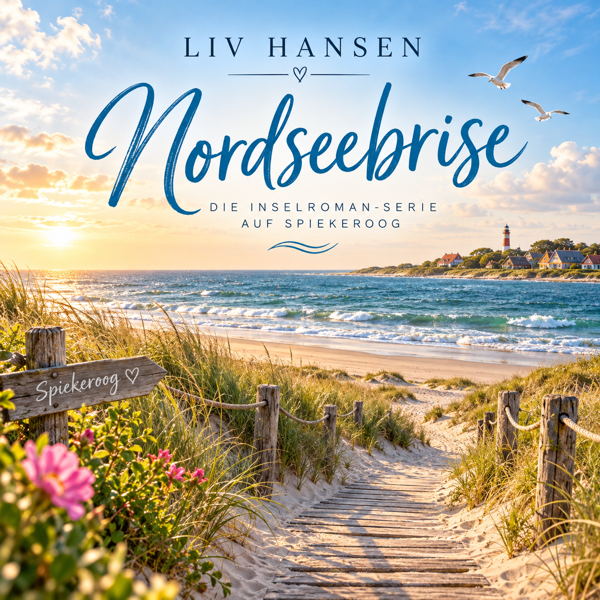 Ein Weg führt durch Dünen zum Strand, mit Blick auf das Meer und einen Leuchtturm im Hintergrund.
